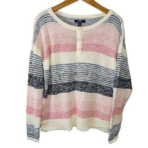 Chaps Pink Blue Multi Stripe Colorful Linen Blend Henley Sweater Size L